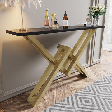 Black & Gold Narrow Console Table Accent Table For Entryway X Base Metal in Small